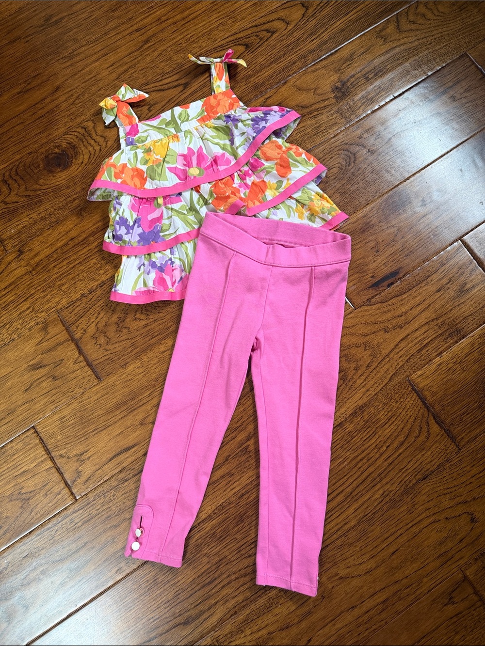 Girls Pink Leggings with Floral Ruffle Tank Set